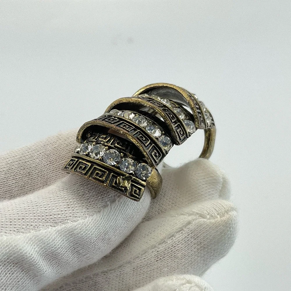 Gothic Cocktail Ring,  Articulated Knuckle Ring, Antique Gold & Clear Crystals